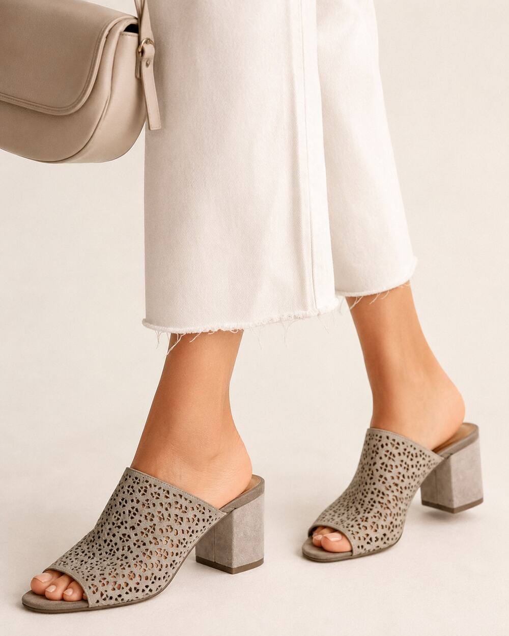 Lucky Brand Grey Leather Lazer Cut Peep Toe Heeled Sandals Womens 6 Casual Mule